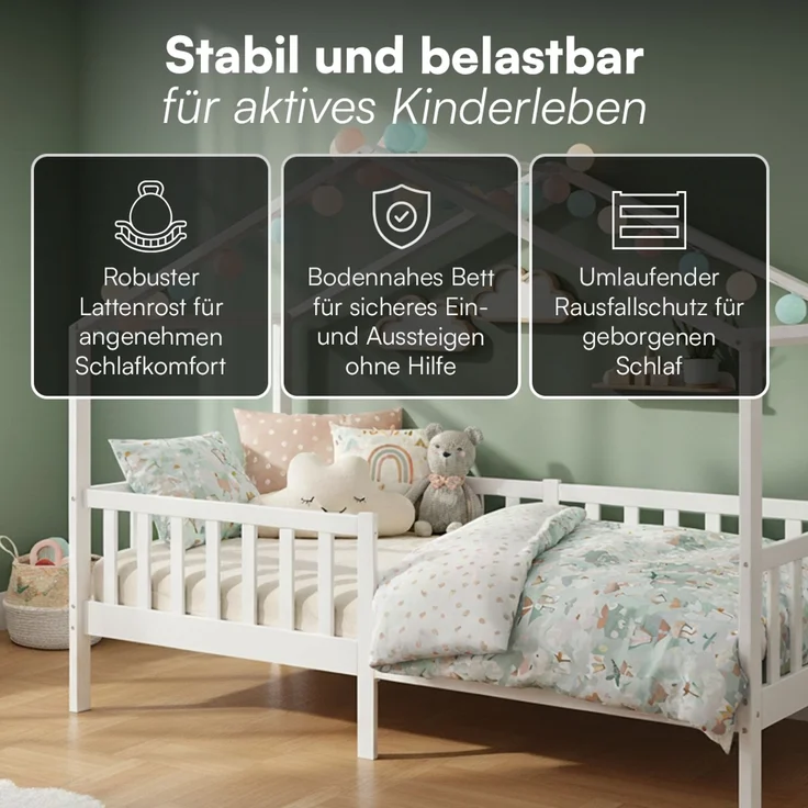 Bellabino 'Bia' Hausbett 80x160 cm, weiß, Kiefer Massivholz, Montessori Kinderbett mit Rausfallschutz und Lattenrost – Bild 3