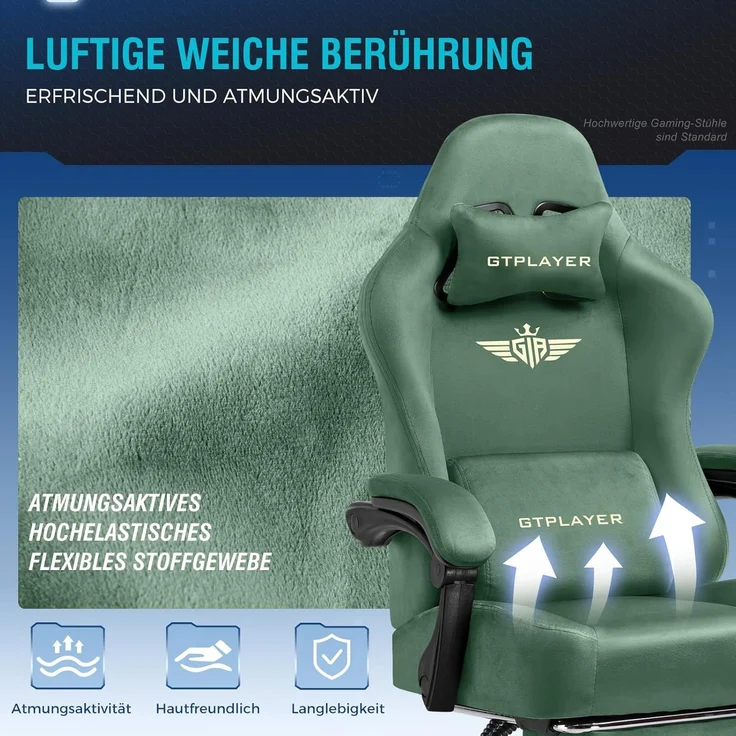 GTPLAYER Gaming Stuhl, Atmungsaktiver Bürostuhl, bürostuhl ergonomisch, Hochwertiger - Stoff, Ergonomischer PC Stuhl, 160° Verstellbare Rückenlehne und ausziehbare Fußstütze, Grün – Bild 3