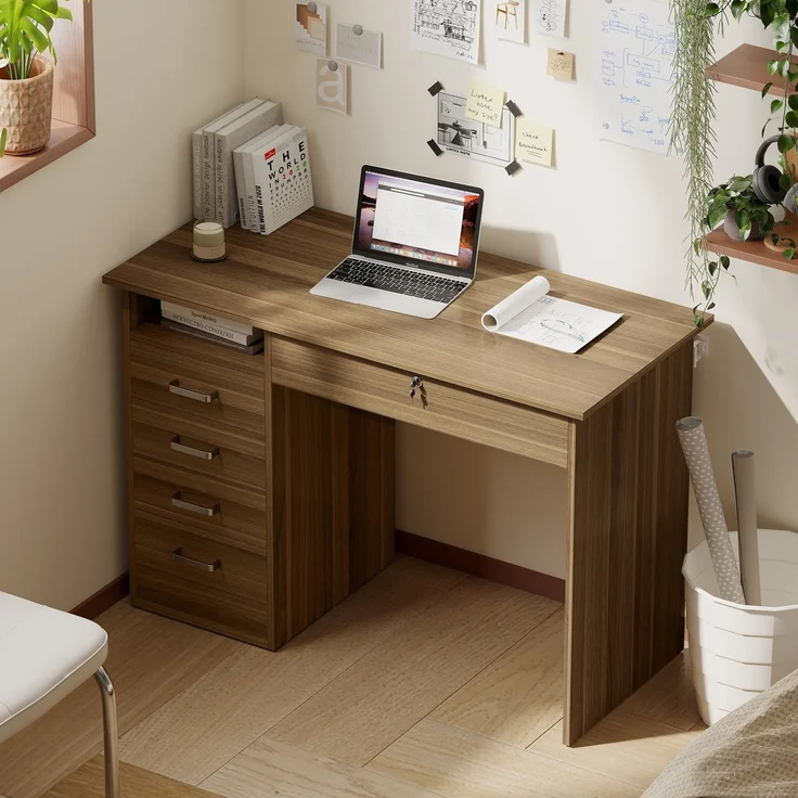 Schreibtisch mit 5 Schubladen, 110 x 50 cm, Schreibtisch mit Stauraum, offenes Regal, abschließbare Schublade, Nussbaum – Bild 8