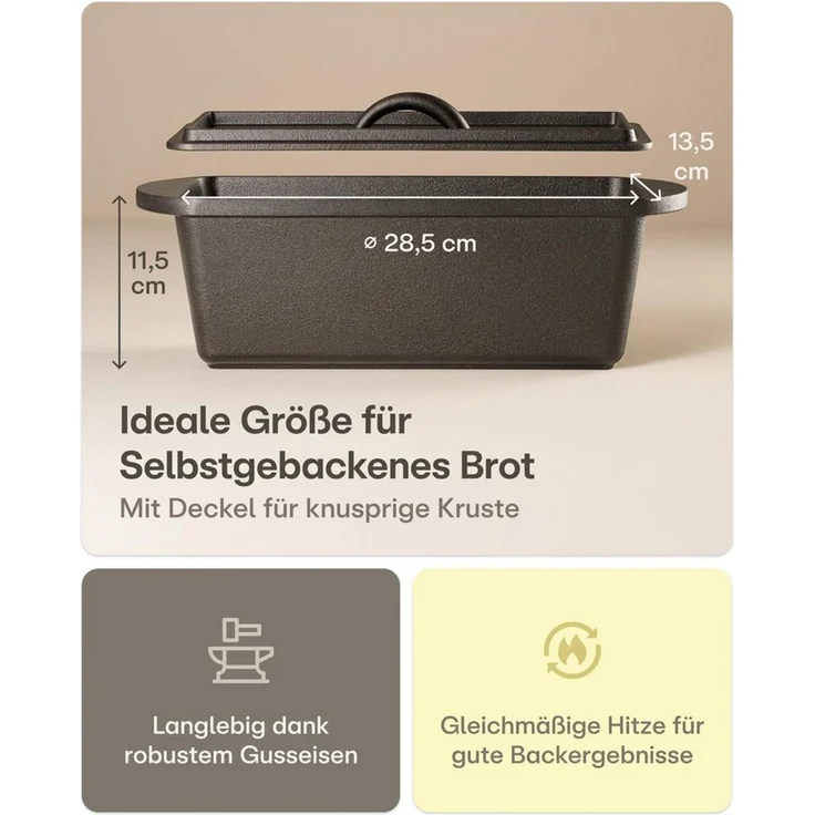 Praknu Bräter Gusseisen Topf für Brot Backen Set – Inkl. Gärkorb, Beutel & Backtopf, (Set mit Zubehör, Gusseisen Topf Eckig 3L + Deckel + Gärkörbchen + Leinenbeutel), Dutch Oven, Brot-Set komplett, Gusseisen massiv – Bild 3