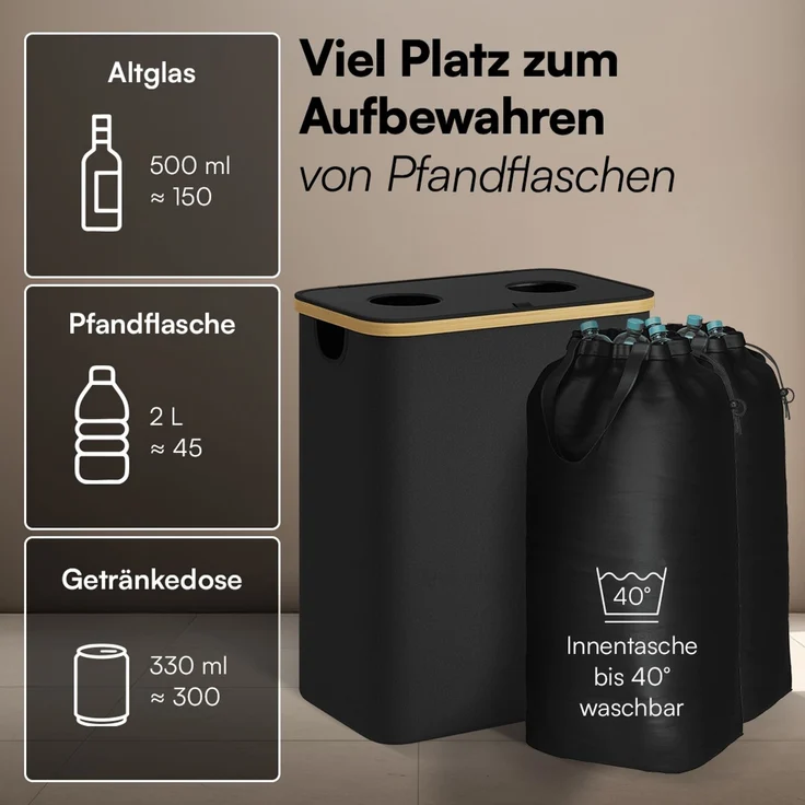 Bellamio 'Tolt' Pfandflaschen Sammelbehälter aus Stoff mit Bambus 150 L, zwei Fächer, herausnehmbare Innentasche mit Griffen, mit Deckel, waschbar & tropfsicher, schwarz – Bild 3