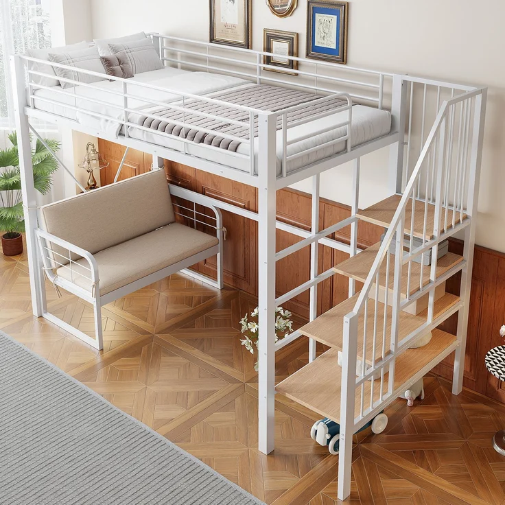 EINHOM Etagenbett (90 x 200 cm ) mit Stabilem Metallrahmen, Hochbett mit Abnehmbarem Polstersofa, Stauraum und Sicherheitstreppe. Geeignet für Kinder, Jugendliche und Erwachsene Weiß (Ohne Matratze) – Bild 3