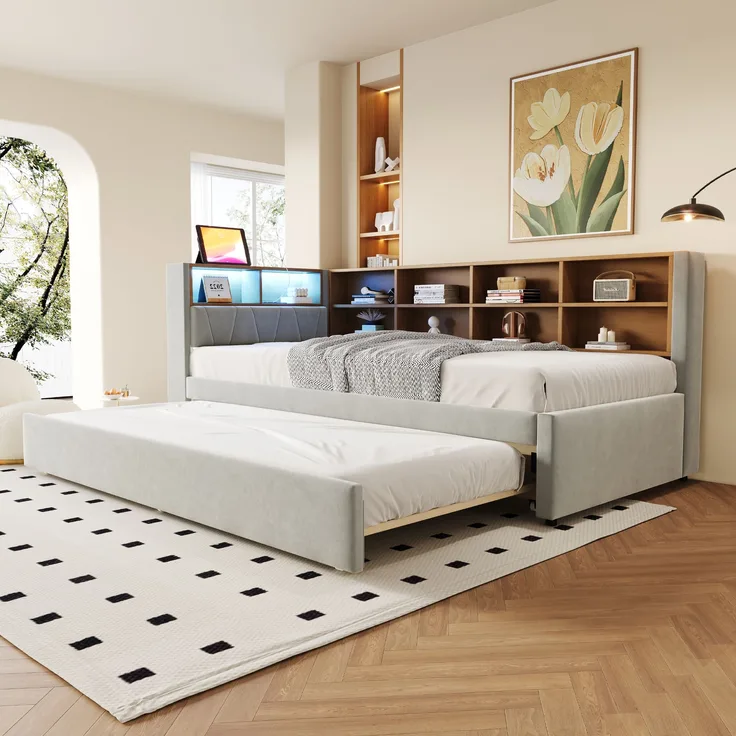 Bett 90x200 cm mit Ausziehbett 90x190 cm aus Flanell, mit LED-Beleuchtung und Stauraum