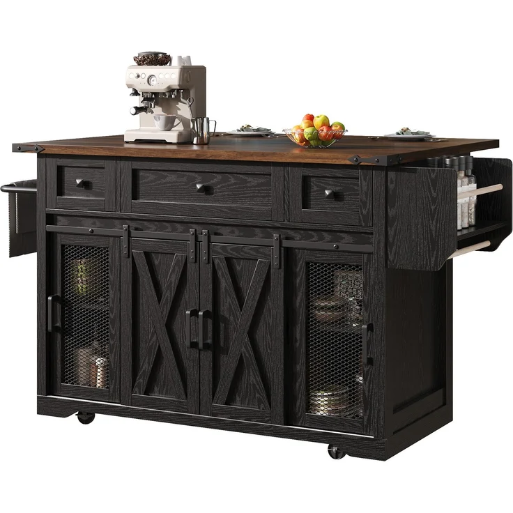 Küchenwagen 120,2x45,3/75x91,5 cm in Schwarz mit ausklappbarer Arbeitsplatte und Schubladen – Bild 6