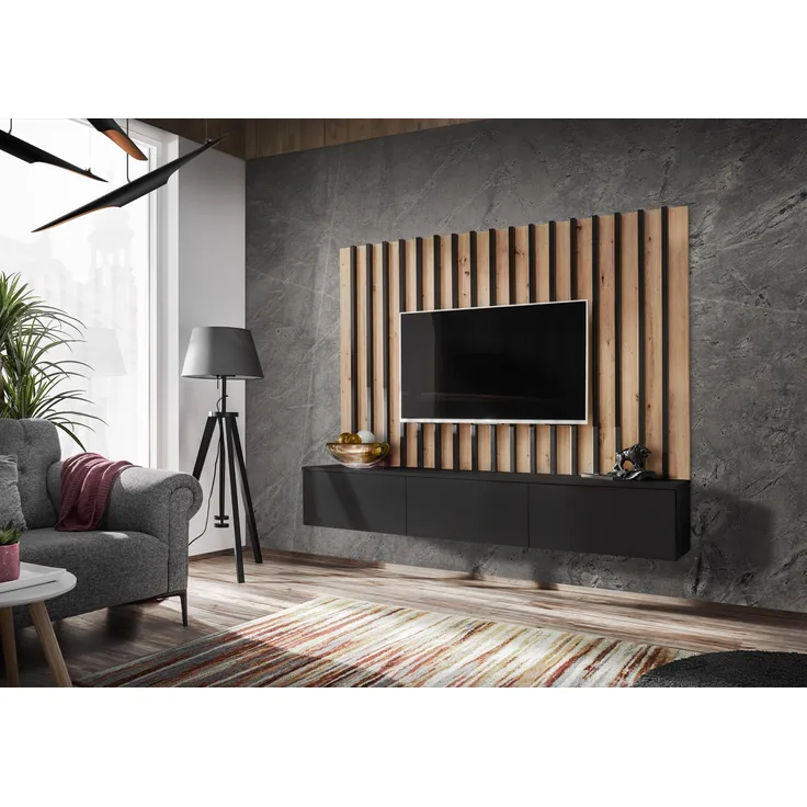 Wohnwand Verti 2 in Schwarz und Artrisan mit Lamellenplatte 180 x 148 x 35 cm 2-teilig