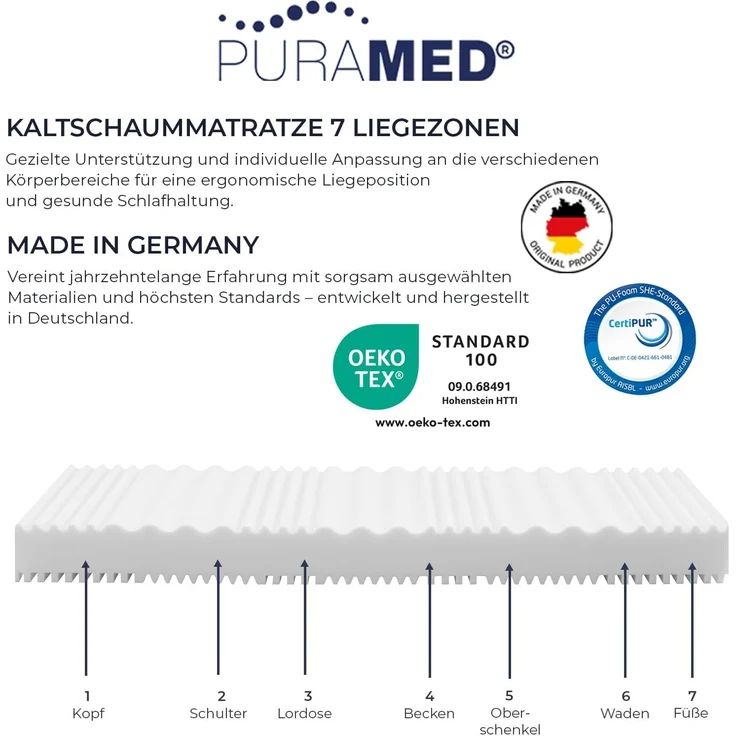 Kaltschaummatratze PURAMED 7-Zonen-Kaltschaummatratze mit waschba.., RAVENSBERGER Matratzen, 16 cm hoch, Ergonomisch, 2 Härtegrade, 7 Zonen, Made in Germany – Bild 5