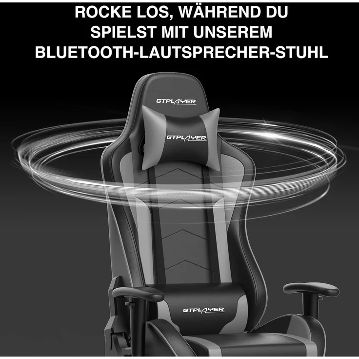 GTPLAYER Gaming Stuhl Gamer Stuhl mit Fußstütze Bluetooth Lautsprecher Ergonomischer Bürostuhl Computerstuhl Schreibtischstuhl PC Stuhl mit verstellbare Rückenlehne 200 kg Belastbarkeit grau – Bild 7
