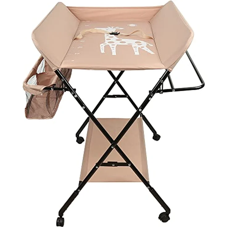 Baby Wickelkombi - klappbare Wickelkommode, mobiler Wickeltisch mit Wickelauflage, Sicherheitsgurt und Ablagefächern, platzsparend & stabil 80 * 66 * 98cm (Hell-Pink) – Bild 7