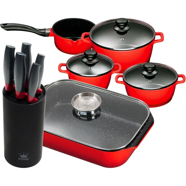 KING Topf-Set, Aluminiumguss (Set, 11-tlg, 4 Töpfe, 3 Deckel, Bräter, 1 Messerblock, 5 Kochmesser), Induktion – Bild 1