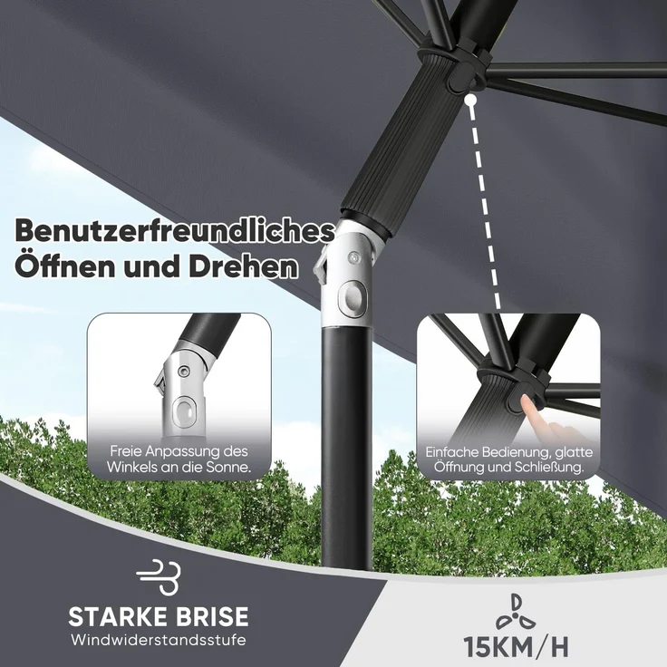 Sekey Rechteckschirm, neigbar, UV50+ Sonnenschutz, Polyester grau, 200 x 125 cm – Bild 3
