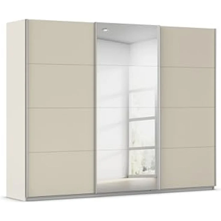 Rauch Möbel Kulmbach, Kleiderschrank mit Schwebetüren für Schlafzimmer, Kinderzimmer, Jugendzimmer, Garderobe, Flur, 3-türig, mit Spiegel, Zubehör Basic, Farbe Beige, Breite 271 cm – Bild 1