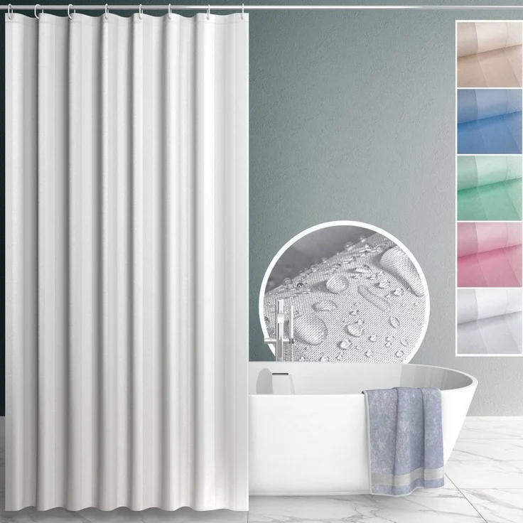 ANRO Duschvorhang aus Italien hochwertiger Badevorhang Textil mit Ösen und Haken Breite 120 cm (Packung, 1-tlg, Duschvorhang inkl. Aufhängeringe), robuster Vorhang Stangenaufhängung in Größe 200x120cm in weiß – Bild 1