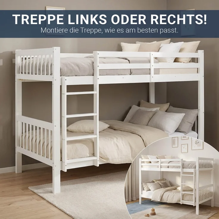 Homestyle4u Etagenbett mit Rausfallschutz, Holz weiß, 90x200 – Bild 1