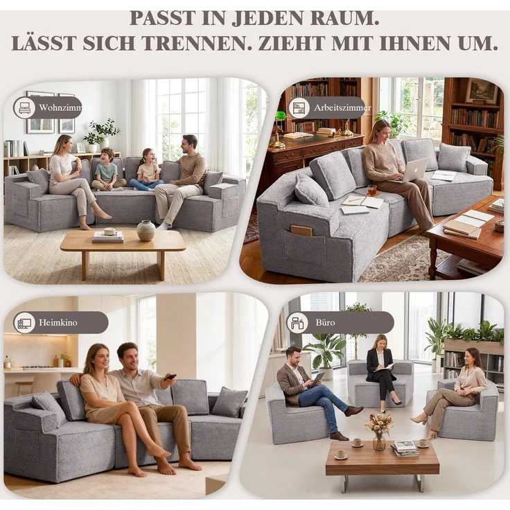 COMHOMA Sofa, modulares Schlafsofa, Polstersofa, 3-Sitzer Sofa, Flexible Sektionscouch,mit Aufbewahrungstasche, Couch mit schlaffunktion, Keine Montage erforderlich, Sherpa-Kunstfell-Bezug, Grau – Bild 4