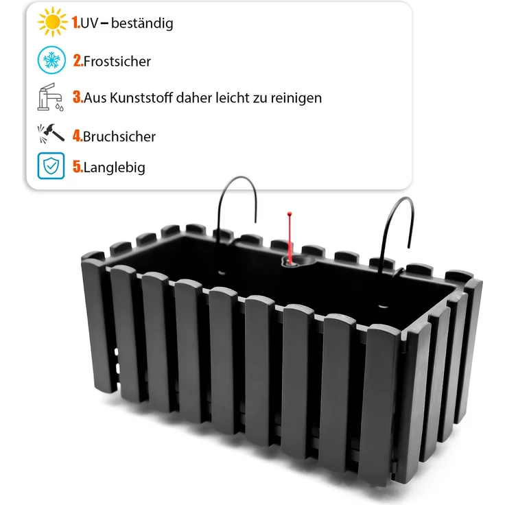 BigDean Balkonkasten Lattenzaun Optik in Anthrazit aus wetterfestem & robustem Kunststoff 40 cm– Balkonkasten mit Halterung & Wasserstandsanzeige – Made in Europe – Bild 2