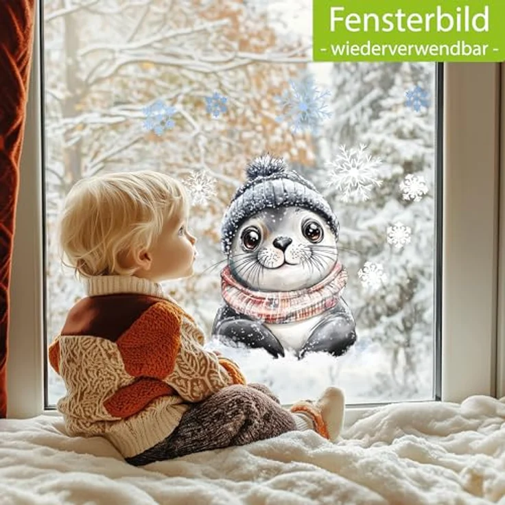 Sunnywall Fensterdekoration wiederverwendbares Fensterbild Winter Robbe, wiederverwendbar, statisch haftend, beidseitiger Druck – Bild 3