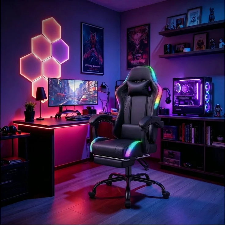 HOMALL Gaming-Stuhl mit LED,Ergonomisch,Fußstütze,computerstuhl,gaming stuhl mit massage, Ergonomischer Bürostuhl,Kopfstütze und Lendenstütze – Bild 2