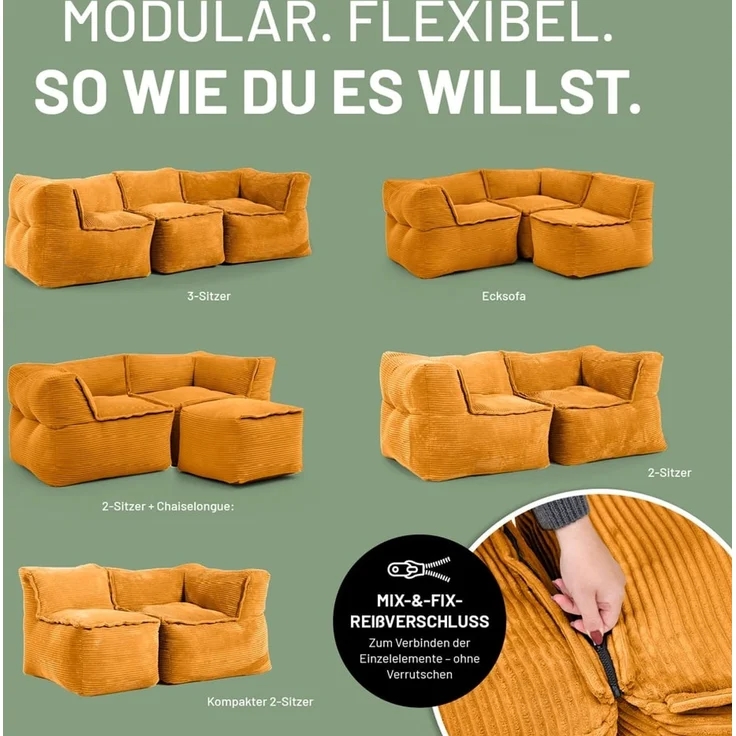 Lumaland Sitzsack-Sofa, Polyester, Eckteil, Cord - Senfgelb, 70 x 81 x 81 cm – Bild 4