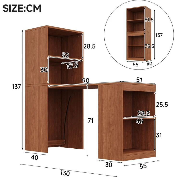Flieks Klapptisch 130 x 51 x 137 cm, 2-in-1 Schreibtisch und Bücherregal mit 4 Fächern und Rollen, Nussbaumoptik – Bild 5