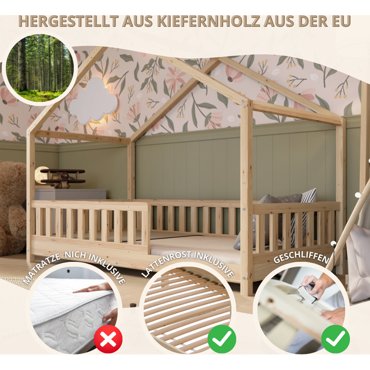 Crazy Pine 'Crazy House' Hausbett mit abnehmbaren Rausfallschutz, Naturholz, Natur, 100x200 cm, mit Höhenverstellbaren Beinen – Bild 4
