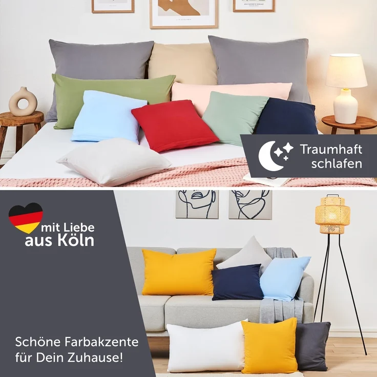 Blumtal Kissenbezug 60x60 cm (2er Set Kissenbezüge) - Hellgrau - 100% Baumwoll-Jersey, Oeko-Tex Zertifiziert, Kissenbezüge 60x60 - Jersey Kissenhülle für Deko-Kissen 60x60 mit Reißverschluss – Bild 4