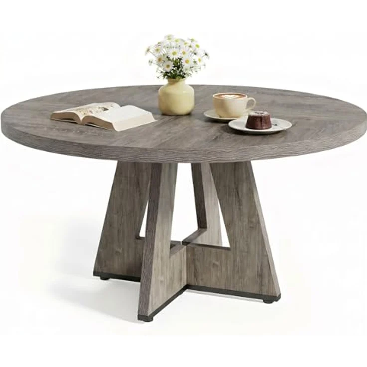 LITTLE TREE Runder Esstisch 120 cm, Esszimmertisch mit Holzsockel für 4–6 Personen, Kleiner Küchentisch im Minimalistischen Design, für Wohnzimmer Balkon Esszimmer, Grau – Bild 1