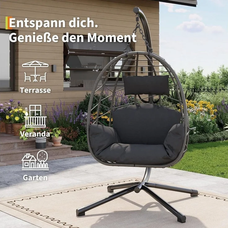 GarveeMore Hängesessel mit Gestell für Outdoor & Indoor,Polster & Schutzabdeckung, Rattan Hängestuhl mit Stahlgestell,bis 150 kg belastbar – Bild 3