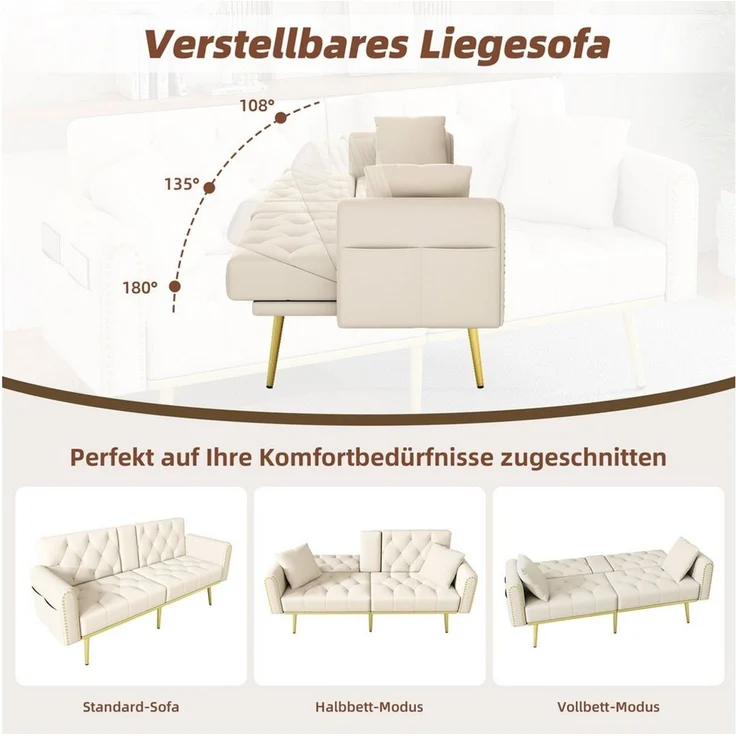 Merax Schlafsofa mit 3 verstellbaren Neigungswinkeln & ausklappbarer Liegefunktion, 2 sitzer Klappsofa Polstersofa mit bettfunktion 1 Teile, Sofa klappbar mit Getränkehalter, Zierkissen & Seitentasche, Samtbezug – Bild 3