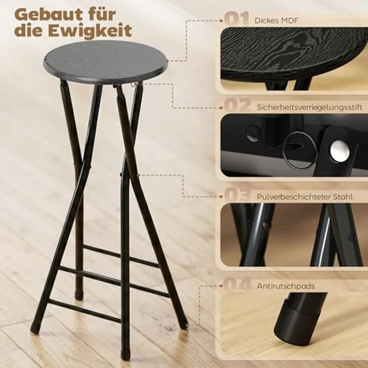 HOMCOM Barhocker mit Stahlgestell doppelter Fußstütze (Küchenstühle, 2 St, Klappbar Barstuhl), für Küche, Wohnzimmer, Esszimmer Schwarz – Bild 5
