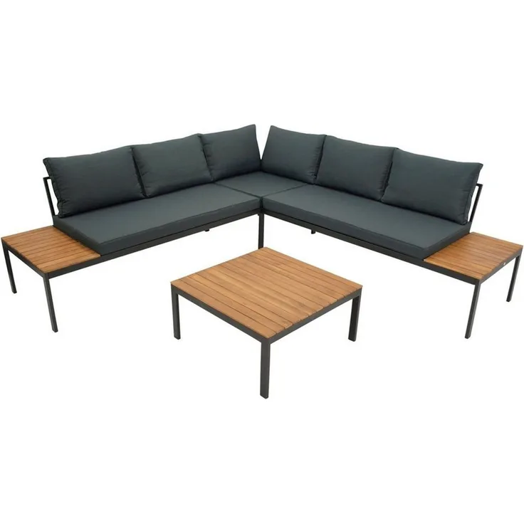 DEGAMO Gartenlounge-Set RANGUN, Ecksofa 225x225 cm + Tisch, Stahl verzinkt + Akazie, Polster grau