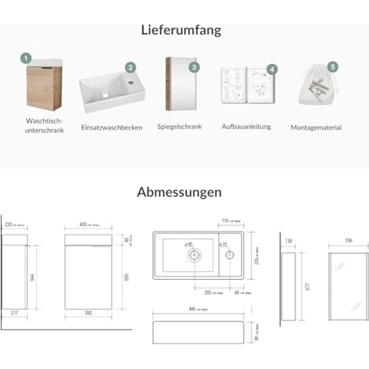 Planetmöbel Badmöbel-Set Badmöbel-Set 40cm mit Spiegelschrank (Sonoma Eiche), (Komplett-Set, 3-St), Badmöbel, Breite 40 cm, Soft-Close-Funktion – Bild 6