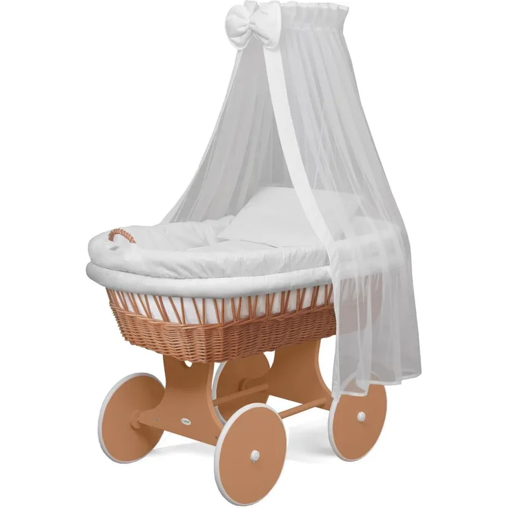 WALDIN Baby Stubenwagen-Set mit Ausstattung, Gestell/Räder natur, Ausstattung weiß