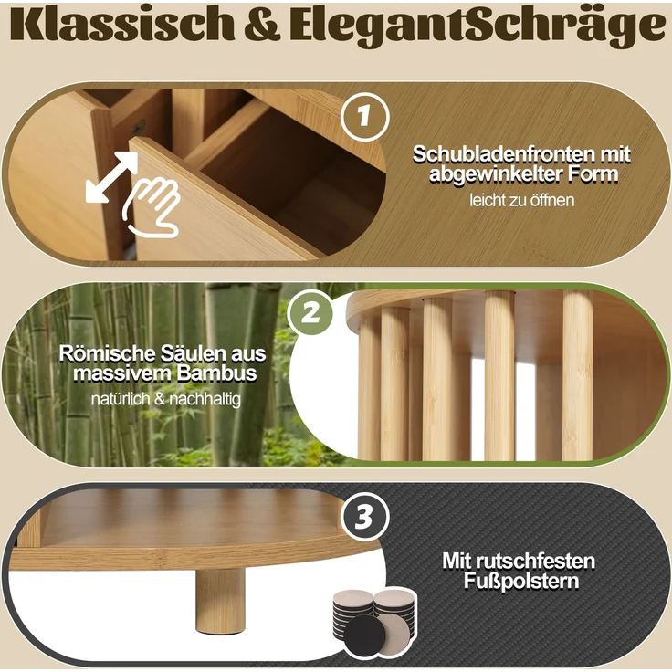 Sideboard Eiche Retro-Römisch mit 6 Schubladen & Bambusregalen, Kippsicher, Wohnzimmer Flur Küche Aufbewahrung – Bild 8
