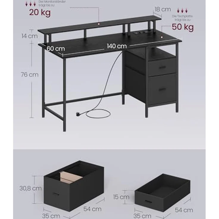 VASAGLE Gaming-Schreibtisch, mit Schubladen aus Stoff, Computertisch mit Bildschirmhalterung, Mehrfachsteckdose, 2 USB-Anschlüsse, für Heimbüro, 140x60 cm, Schwarz Holz LWD094B56V1 – Bild 6