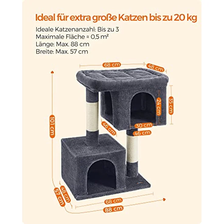 Feandrea Kratzbaum, 101 cm Katzenbaum, XL, Katzenhaus für extra große Katzen bis zu 20 kg, große Plattform, 2 Katzenhöhlen, Sisalstämme, rauchgrau PCT614G01 – Bild 6