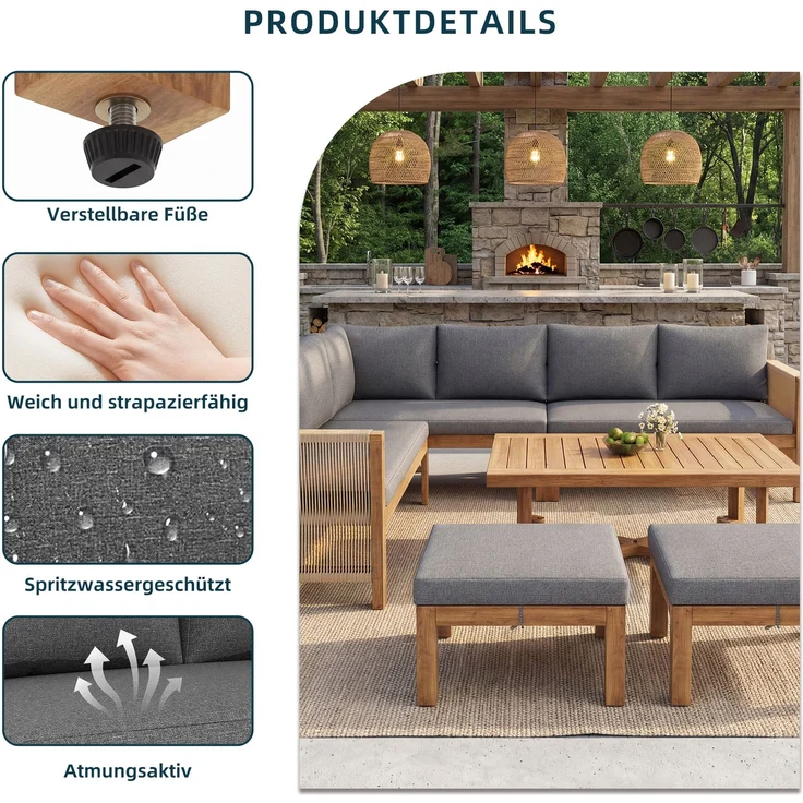 Merax Gartenmöbel-Set 6-tlg, Gartensofa mit Hocker und Tisch, Gartenloungeset Balkonmöbelset 8 Sitzer aus Akazie, Terassenmöbelset mit Kissen, Grau – Bild 8