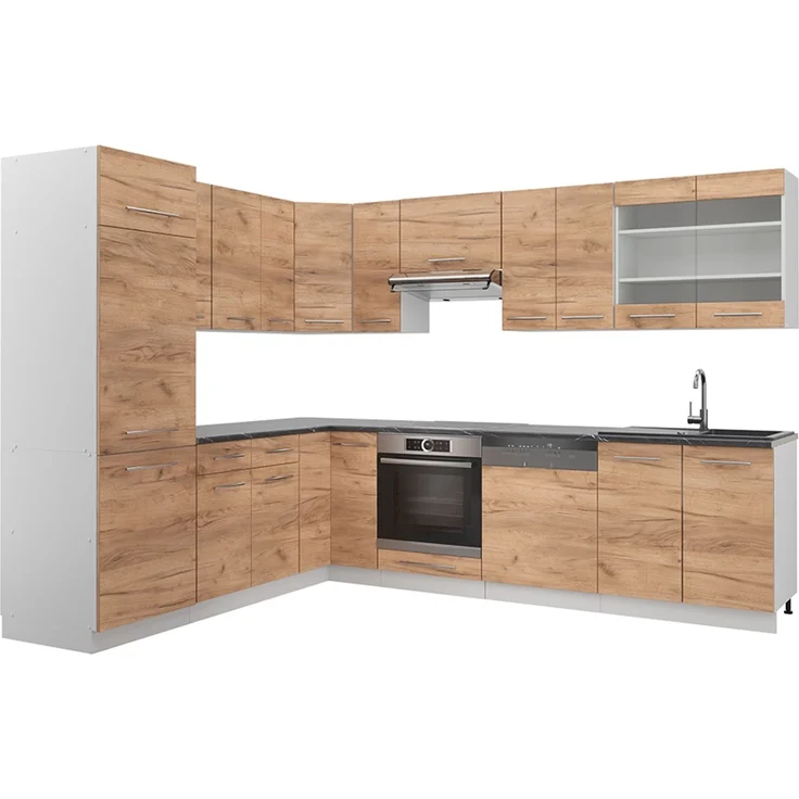 Eckküche Fame-Line Goldkraft Eiche/Weiß 287 x 46 cm ohne Arbeitsplatte Vicco – Bild 1