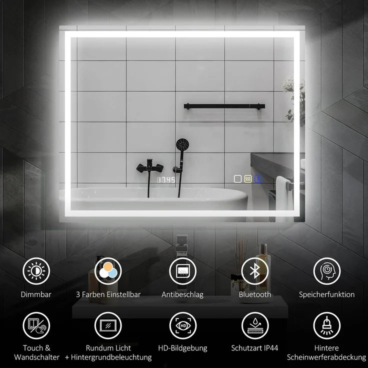 MELAYR, Badspiegel mit Beleuchtung 100x80 cm LED Spiegel Uhr Silber – Bild 5