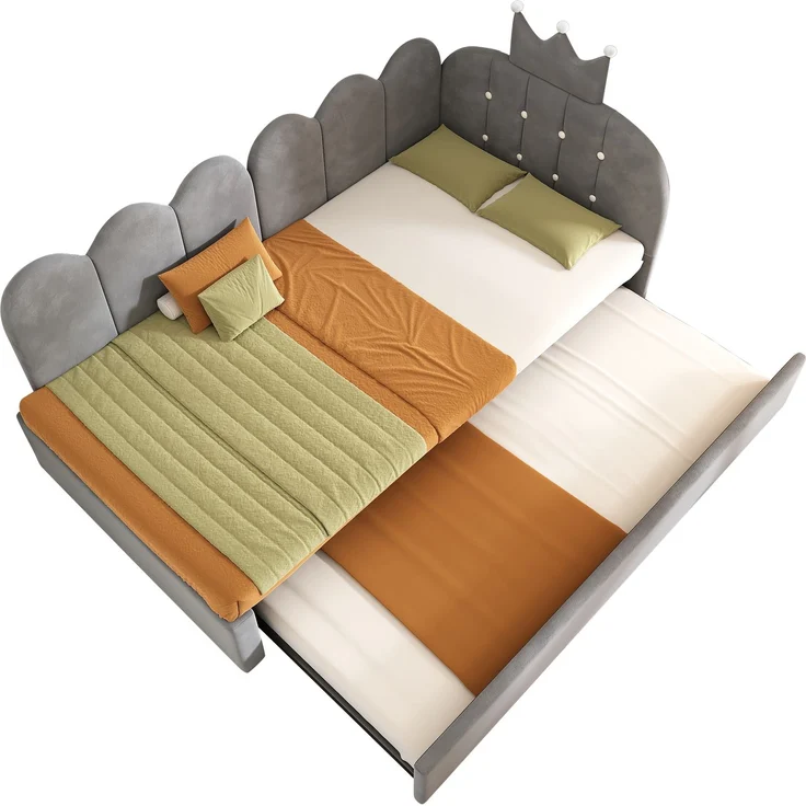 Merax Einzelbett 90x200 cm, Kinderbett, Polsterbett mit 90x190 cm Ausziehbett, Niedliches Kronen- und Gitterdesign, Samt, Grau – Bild 10