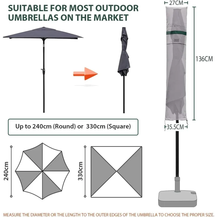 Sekey Sonnenschirm Schutzhülle mit Stab, Abdeckhauben für Ø 200 cm / 200×150 cm / 200×125 cm Gartenschirm,Abdeckung für Balkonschirm, 100% Polyester, wasserdicht, Hellgrau – Bild 2