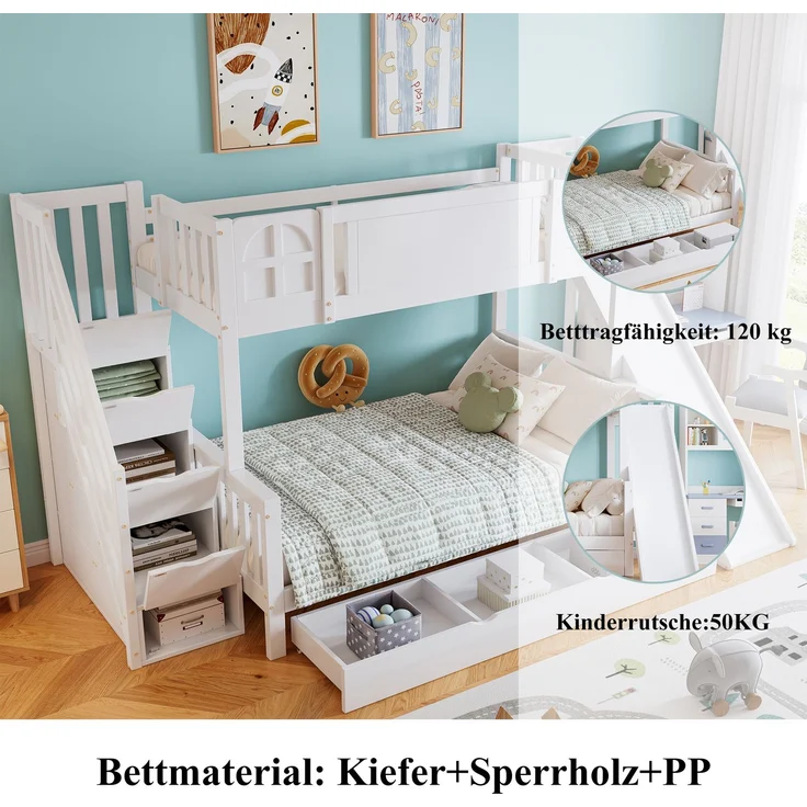 Merax 90x200cm Etagenbett, Kinderbett Mit Fenster, Mit Kinderrutsche, Schubladen mit Rollen, Treppen mit Handlauf, Mit 4 Schließfächer in der Treppe, Weiß – Bild 5