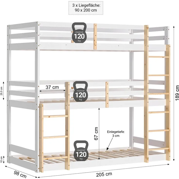 Homestyle4u Kinderbett Etagenbett 90x200 Kinder Dreifachbett Hochbett Weiß Holz Natur Stockbett Spielbett