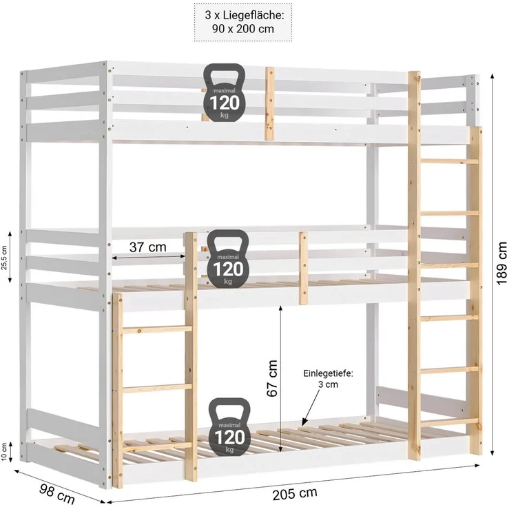 Homestyle4u Kinderbett Etagenbett 90x200 Kinder Dreifachbett Hochbett Weiß Holz Natur Stockbett Spielbett – Bild 3