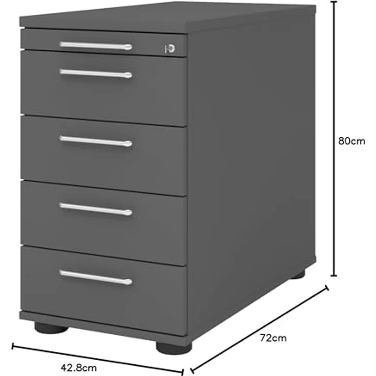 bümö Schreibtisch Schrank abschließbar, Schubladenschrank Holz in graphit, Container mit Schubladen - Schubladen Schrank Büro, Schreibtisch Container od. Schreibtisch Kommode mit Relinggriffe, SC50-G-G-RE – Bild 2