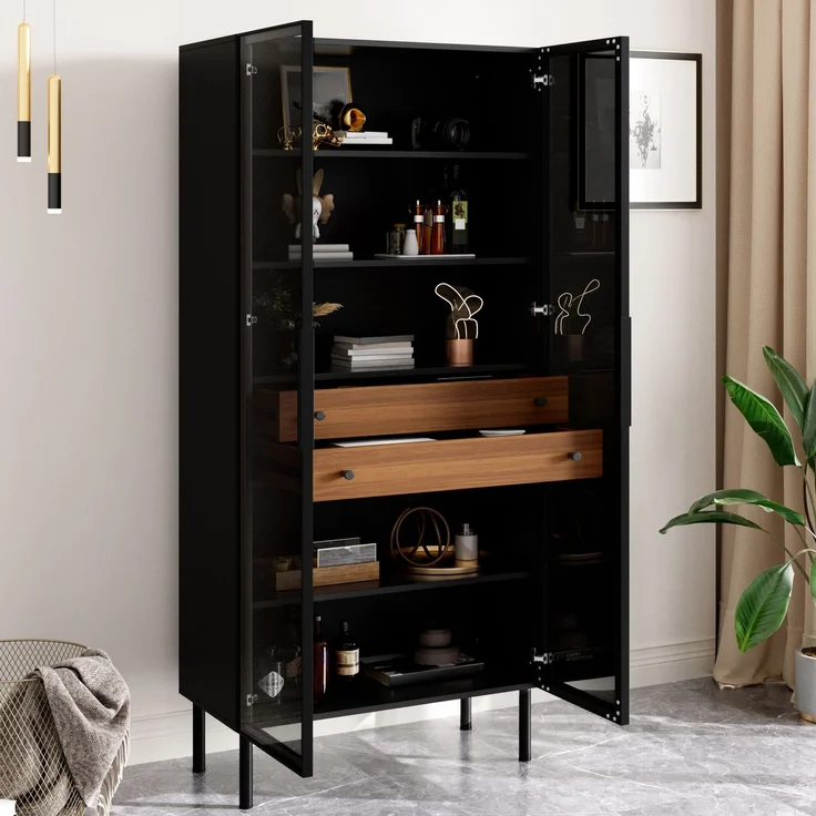 ZUBALIYA Vitrine, mit Schubladen, mit Stauraum, mit LED-Beleuchtung, mit App-Steuerung, H 170 × T 36 × B 70 cm, Schwarz, MDF / Spanplatte – Bild 3