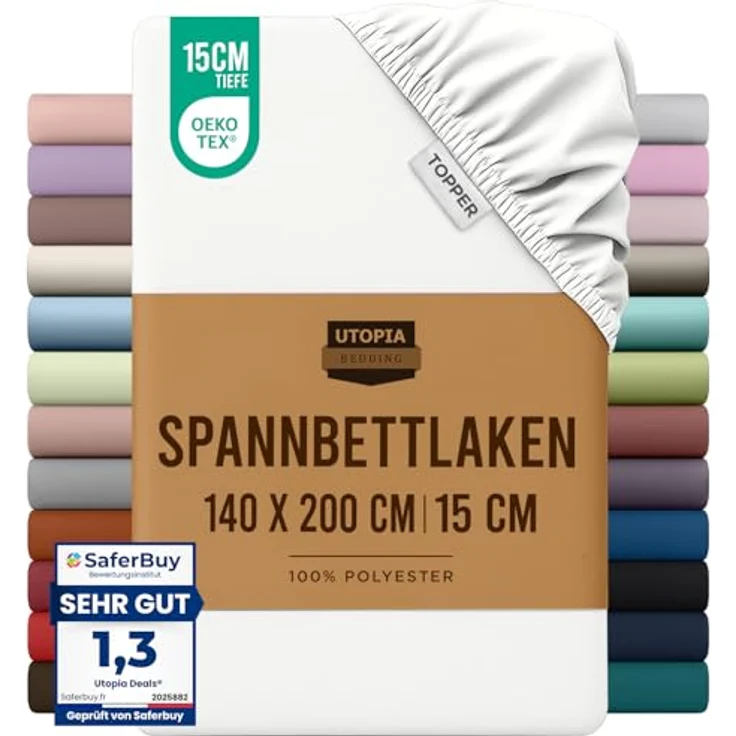 Utopia Bedding - Topper Spannbettlaken 140x200cm - Weiß - Oeko-Tex Zertifiziertes Gebürstete Polyester-Mikrofaser Spannbetttuch - 15 cm Tiefe Tasche – Bild 1