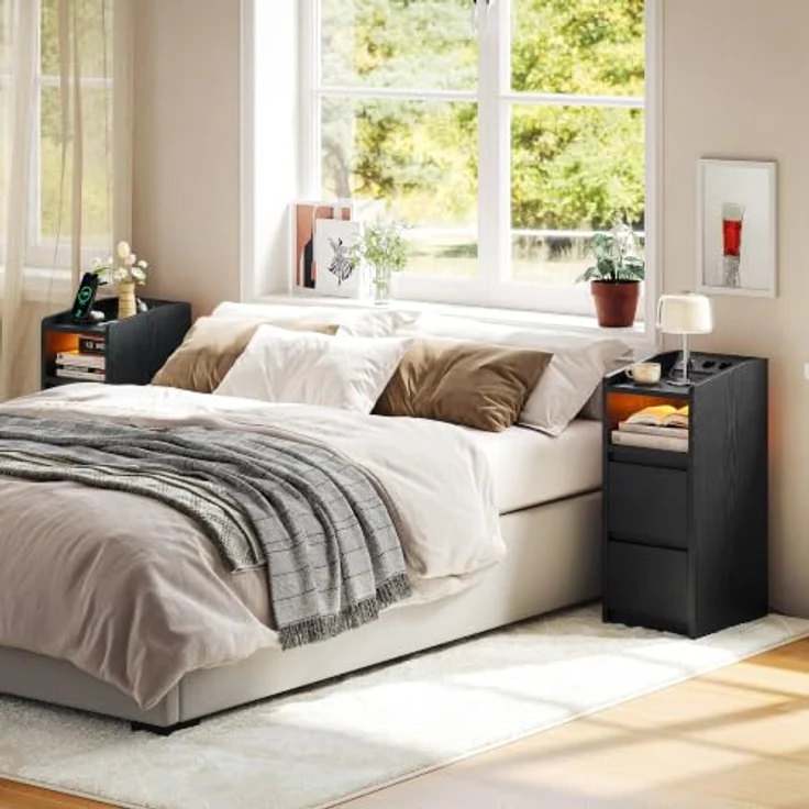 IRONCK Nachttisch 2er Set mit Ladestation und LED (Schwarz) | Weiß Nightstand mit 2 Schubladen, Nachtschrank für Schmale Räume Schlafzimmer, Wohnzimmer, Modern Narrow Bedside Table – Bild 2