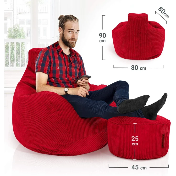 Green Bean® Sitzsack mit Hocker aus Cord - Sitzsäcke für das Wohnzimmer, Schlafzimmer, Sitzsack-Sessel für Erwachsene Rot – Bild 4