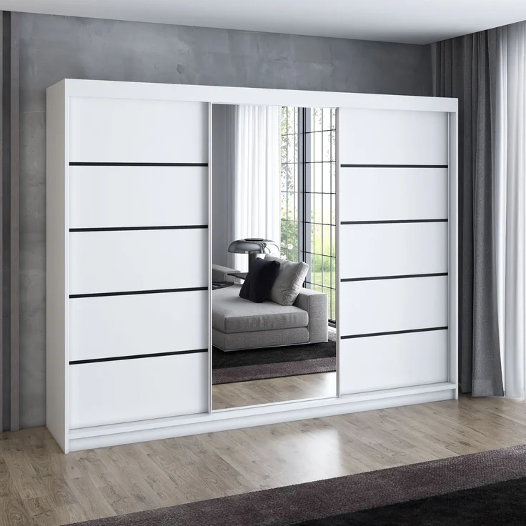 A&J MöbelLand 'Viluno' Schwebetürenschrank mit 4 Schubladen und Spiegel, Spanplatte, 215 x 59,5 x 200 cm, Weiß / Weiß / Weiß / Schwarz – Bild 2