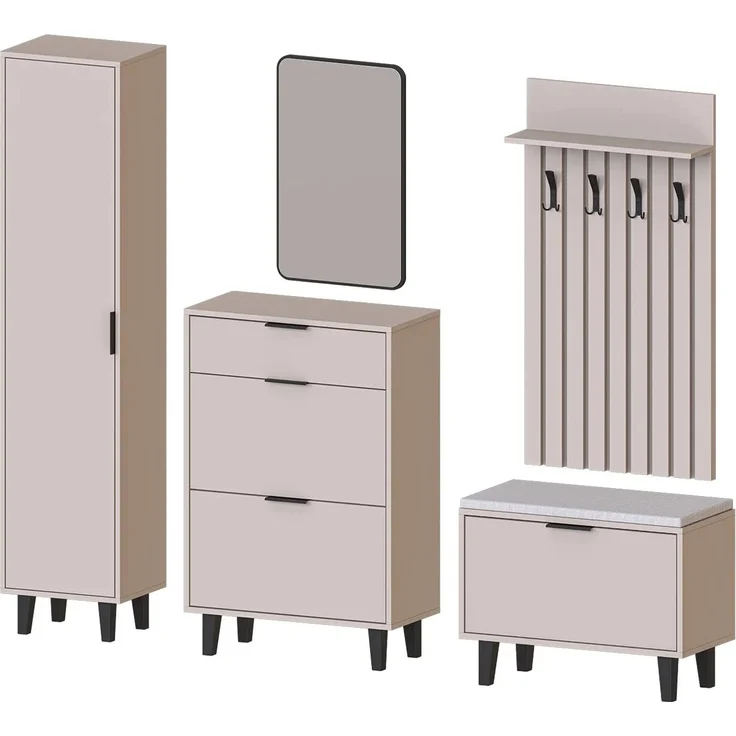 Roomart NORD Garderobenset 5-teilig – Hochschrank, Schuhschrank, Sitzbank, Garderobenpaneel & Spiegel – Flurgarderobe – H 199 x B 45 x T 35 cm (Hochschrank) • Beige – Bild 8